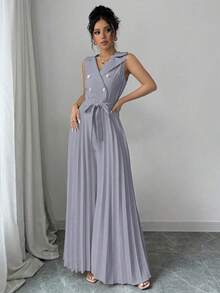 Mono elegante de mujer con diseño de doble botonadura y plisado en color albaricoque, para primavera y otoño - Gris - Ver 4