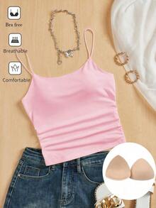Camiseta ajustada con cuello redondo, almohadilla en el pecho y transpirable.Camisola básica para mujer sin sujetador - Rosa - Ver 7