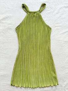Vestido mini acanalado, de unicolor, ajustado, de cuello halter - Verde - Ver 2