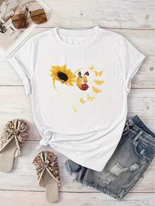 Limited Time Offer, Limited Quantities, Flash ! Women's Casual Shirts, Women's Polyester T-Shirts, Elegant Shirts. [Sunflower And Butterfly Print T-Shirt, Women's Casual Short-Sleeve Crew Neck T-Shirt, Machine Washable For Spring And Summer, New Women's Clothing, Versatile For Street Style] - 白色 - 查看 10