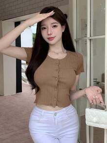 Camiseta de manga corta de canalé de ajuste ceñido con cuello redondo, crop tops para mujer - Caqui - Ver 3