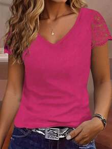 Camiseta de manga corta con parche de encaje en color liso, versátil y casual - Rosa Fucsia - Ver 8