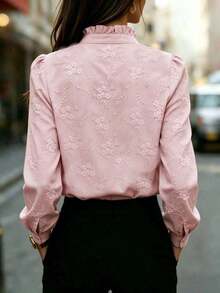 Camisa de manga larga para mujer de color sólido con cuello bordado floral, adecuada para ir al trabajo, uso casual, moda, negocios y oficina, camisa blanca para todas las estaciones. - Rosa - Ver 4