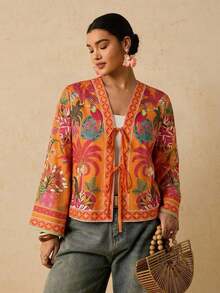Camisa casual versátil de uso diario con estampado floral y nudo delantero para mujer de talla grande - Naranja - Ver 7