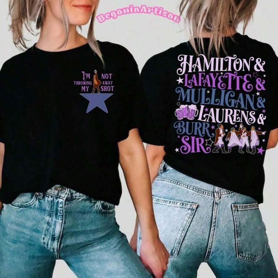 Double-Faced Hamilton Musical Comfort T-Shirt1 Colors1, Lafayette Mulligan Laurens Burr T-Shirt, Throwing My Shot T-Shirt - 白色 - 查看 1