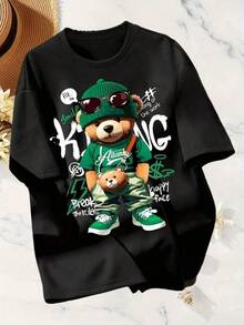 1 Piece Unisex Loose Fit T-Shirt 180g 100% Pure Cotton, Unique Y2K T-Shirt With Urban Bear Design And Striking Style Brings Freshness And Originality To Your Wardrobe, Ideal For Street Fashion And Pop Culture Lovers, Perfect To Wear On Any Occasion, Stands Out For Its Combination Of Vibrant Colors And Creative Details - 黑色 - 查看 6