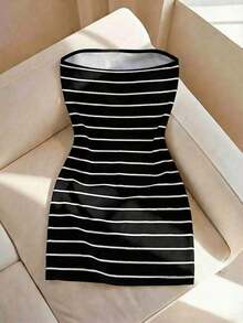 Vestido tubo ajustado de cuello redondo con estampado de rayas para mujer, primavera/verano - Multicolor - Ver 2