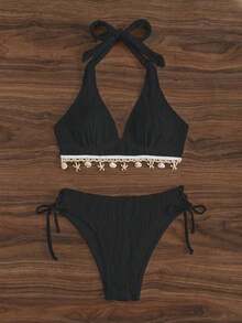 Swim Set de 2 piezas de Top halter y Bottom de bikini en forma de triángulo "V" con decoración de concha y estampado floral de color albaricoque para mujer en vacaciones de verano en la playa - Negro - Ver 3
