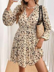 Vestido corto minimalista de estilo casual para mujer, para uso diario.Vestido corto de manga larga con cuello cruzado y estampado de leopardo para mujer, vestidos de vacaciones, vestidos para mujer, vestido casual de invierno, vestido de Año Nu - Albaricoque - Ver 3