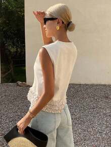 Chaqueta de verano casual y elegante de lino sin mangas con cuello redondo y adorno floral para mujer - Albaricoque 2 - Ver 2
