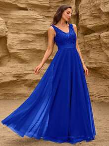 Vestido de dama de honor formal de línea A con escote en V sin mangas, bordado y de malla, vestido de fiesta elegante, vestido de invitado de boda formal, vestido de ceremonia de graduación, vestido de noche de primavera - azul real - Ver 5