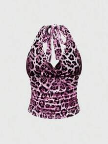 Grunge Punk Top de tirantes con cuello halter con estampado de leopardo Y2K para mujer - Multicolor 2 - Ver 2