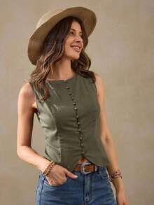 Cárdigan de algodón de color café retro francés estilo boho casual para vacaciones, parte superior de algodón marrón para oficina para mujer, vestimenta occidental, parte superior marrón, parte superior marrón para mujer, casual de negocios, blusas casuales, blusas tipo tanque estilo francés para mujer - Verde - Ver 4