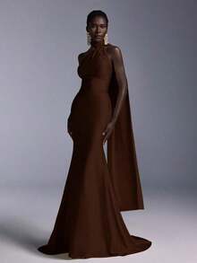 Vestido largo de sirena con espalda abierta y ajustado, de estilo minimalista, adecuado para asistir a fiestas formales, reuniones y galas formales de damas - Marrón - Ver 5