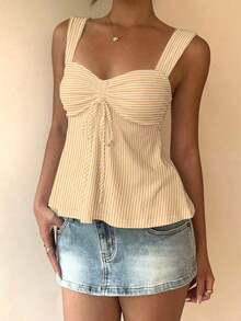 tirantes con cordón blanca casual para mujer, top para exteriores, vacaciones, lindo top de verano - Albaricoque - Ver 6