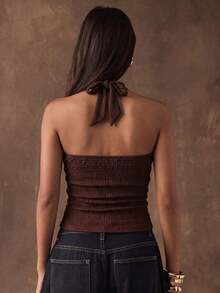 Top halter corto con espalda descubierta y nudo delantero, de tela texturizada y unicolor, para mujer, ideal para vacaciones en la playa - Café integral 2 - Ver 2