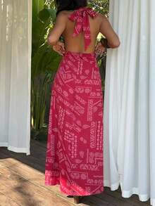 YHHSunnyshic Vestido de playa vintage de ajuste ceñido con escote profundo en V, espalda descubierta y cintura con lazo, con estampado de cachemira y flores en rojo para mujerYHH - Rojo - Ver 2