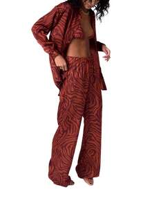 Women's Spring Autumn Slim Shirt Long Sleeve Lapel Zebra/Floral/Tree Print Button Blouse - Brick Red - View 8