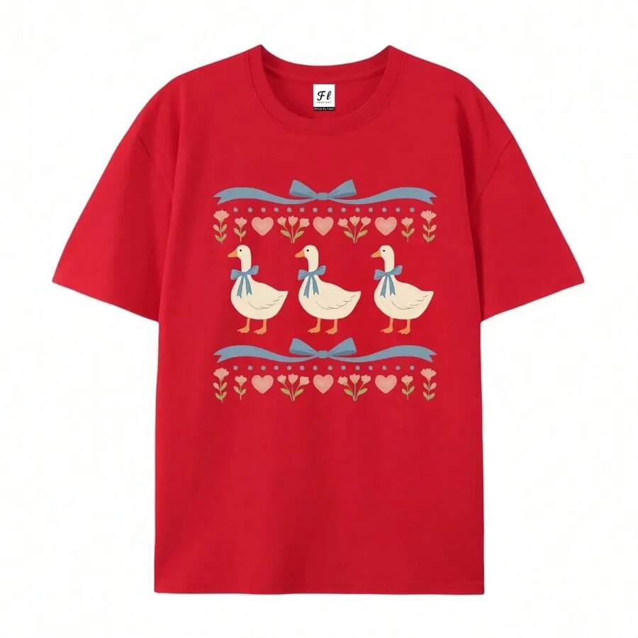 Camiseta de manga corta con estampado casual para mujer - Bonito y divertido estampado de un pato con un lazo, camiseta negra de algodón puro con cuello redondo, lavable a máquina, transpirable y con un ligero estiramiento. - Rojo - Ver 1