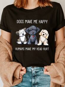 Camiseta de moda con estampado de letras y tres pugs, cuello redondo, manga corta, top casual, ropa casual de primavera y verano para mujer. - Negro - Ver 11