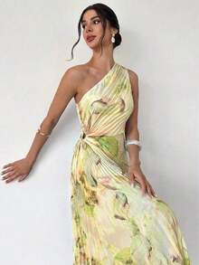 Vestido de mujer nuevo con estampado de teñido anudado asimétrico, cintura hueca, volantes en el bajo y un solo hombro, vestido elegante y romántico para citas y vacaciones, vestido de verano para mujer, tono de color suave, adecuado para atuendo de playa - amarillo ganso - Ver 7