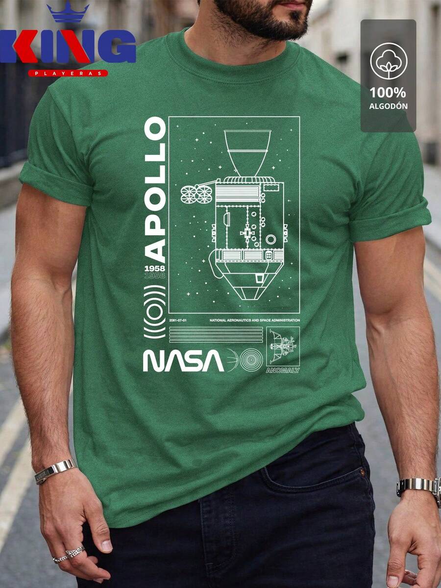 Men's T-Shirt Made Of 100% High-Quality Cotton, This T-Shirt Guarantees Exceptional Softness To The Touch, Round Neck With "NASA WHITE Apollo Mission Diagram" Print On The Front - 水鴨藍 - 查看 1