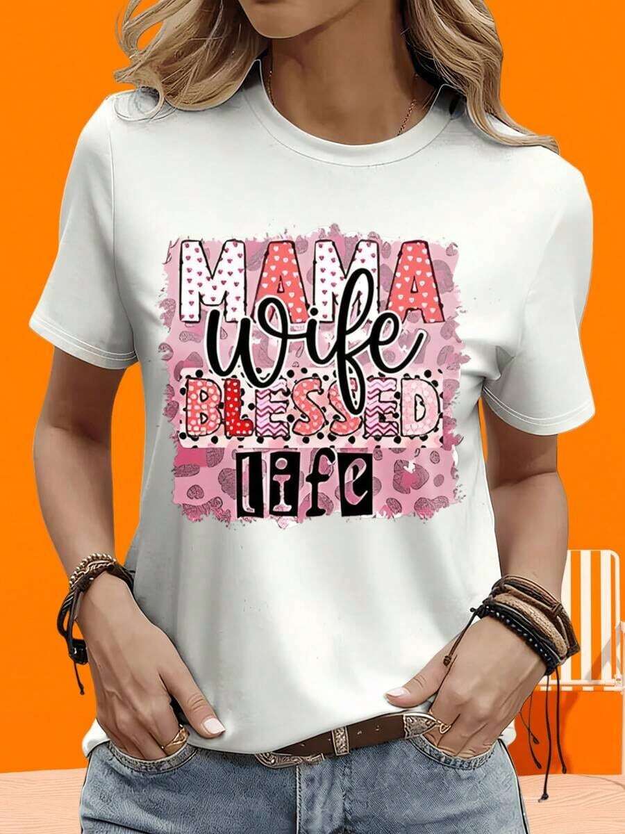 Camiseta de manga corta GraphicLadies para ocio, actividades al aire libre y en casa, 220g, con diseño de lunares rosados y estampado "Mama Wife Life" para madres y esposas. Camiseta de regalo para ocio, actividades al aire libre, vacaciones y fiestas. - Blanco - Ver 1