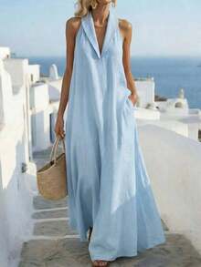 Vestido holgado, elegante y retro de línea A sin mangas para vacaciones y viajes a la isla - Negro - Ver 4