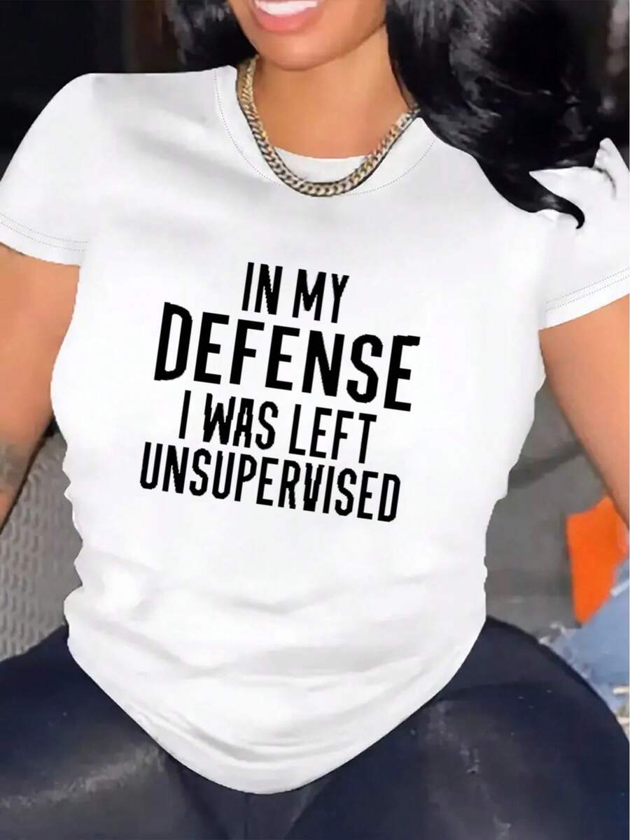 Women's Printed T-Shirt With Bold Text IN MY DEFENSE UNSUPERVISED - Casual Short Sleeve Crew Neck T-Shirt, Relaxed Fit For All Seasons, Perfect For Everyday Wear And Holiday Outfits (Machine Washable). - 白色 - 查看 1