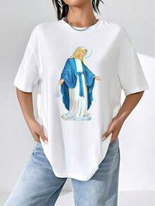 Simple And Versatile Design: Stylish Women's Graphic T-Shirt With A  Image Of The Virgin Mary, Perfect For Everyday Wear. Made From Soft Cotton, This Short-Sleeved, Crew-Neck T-Shirt Features A Spiritually Inspired Design-A Comfortable And Stylish Garment For Women. - 白色 - 查看 6