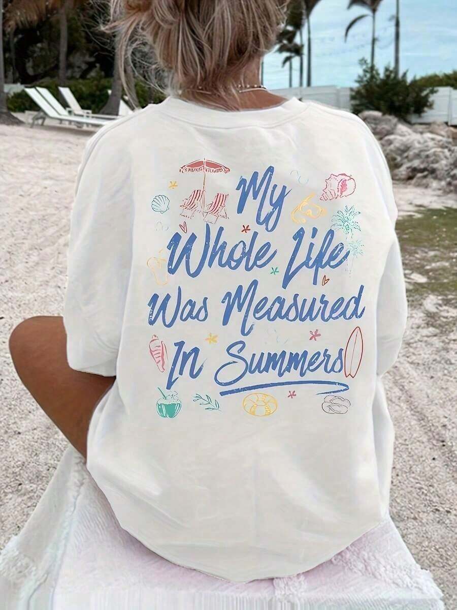 1 pieza de camisetas nuevas para mujer, siempre tenemos camisetas estampadas de cuello redondo para verano y vacaciones en la playa, camisetas casuales de manga corta para mujer, ropa de mujer, camiseta de cuello redondo de corte holgado. - Blanco - Ver 1