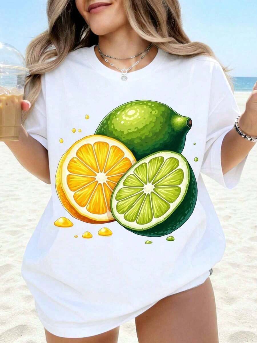 Camiseta Casual con Estampado de Frutas Cítricas para Mujer, Camiseta de Playa de Verano, Top Blanco Oversize con Diseño de Limones y Limas, Camiseta Gráfica de Corte Holgado para Vacaciones y Ocasiones Informales, 100% Algodón, Duradera - Blanco - Ver 1