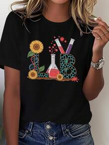 Cozy Comfy Lounge Is A Spring/Summer Garment For Women, LAB Sunflower DNA Tube Graphic Print T-Shirt, Round Neck, Short Sleeve, Casual Fashion Top, Elegant Party Wear, Loose Fit, Holiday Gift, Fun Design, Everyday Wear, Soft And Relaxed Home Wear. - 黑色 - 查看 11