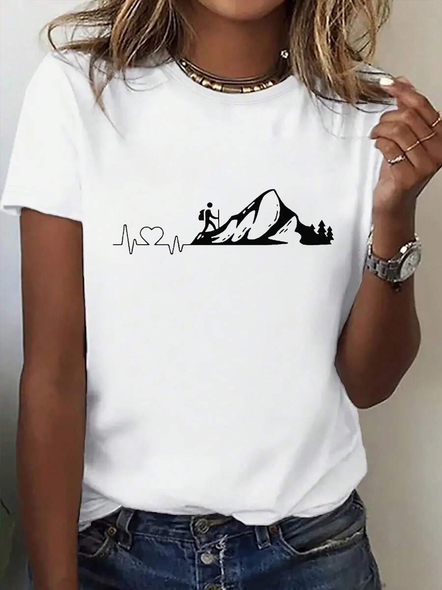 Ligera y transpirable[Aventura al Aire Libre]Paquete de 1 pieza Camiseta de algodón de manga corta con cuello redondo Estilo simple y único Estampado ECG de montaña en negro/blanco |   Ropa para actividades al aire libre, Camisetas para entusiastas de la aventura, Camisetas para mujer, Conjuntos de primavera y otoño para usar en capas - Blanco - Ver 1