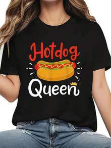 Camiseta Ligera y Transpirable con Estampado de "Hotdog Queen" para Mujer, Manga Corta, Cuello Redondo, Ropa Casual para Salidas Diarias y Reuniones de Comida, Ideal para Combinar en Conjuntos de Primavera y Otoño - Negro - Ver 7