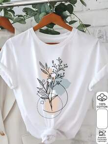 1 camiseta casual estampada para mujer |   Camiseta de verano de manga corta, cuello redondo, ligera y transpirable, con diseño floral en rosa brillante, azul y verde, adecuada para todas las estaciones, 180g 100% algodón. - Blanco - Ver 2