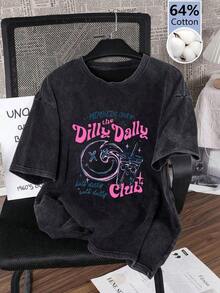1 Piece Women's Plus Size Cotton Short Sleeve T-Shirt With Letter Print, Solid Color Wash, Casual Style, Simple, Retro, For Daily Wear, Round Neck, Loose Fit, Black, 180g, 100% Cotton. - 黑色 - 查看 1