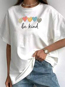 Camiseta de manga corta para mujer, cinco colores. Camiseta con Estampado de Corazón "Be Kind" para Mujer, Nueva Colección de Verano, Estampado de Leopardo, Camiseta con Frase Minimalista, 100% Algodón - Blanco - Ver 3