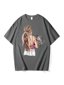 Girls' Printed Crew Neck T-Shirt, Casual Spring And Summer Short Sleeve T-Shirt, Women's Clothing Pure-Cotton - 紅色 - 查看 4
