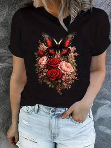 Una camiseta de mujer de manga corta, holgada, moderna, a la moda, retro y elegante, adecuada para actividades al aire libre en primavera y verano, con estampado de rosas y peonías - top de verano de manga corta, cuello redondo y corte holgado, adornado con mariposas rojas - camisa casual y de playa (lavable a máquina) - una sola pieza en stock.blusas para mujer,blusas casuales para dama,tops,, mujer premium,y2k,playeras de mujer curvy,ofertas y liquidaciones ropa mujer,playeras deportivas para mujer,,playeras de hombre, mujer,blusas>elegante Q6AK - Negro - Ver 8