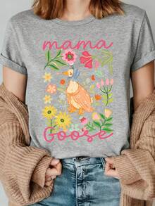 1 pieza de camiseta con estampado floral de "madre ganso", camiseta de "madre ganso", camiseta para el Día de la Madre, camiseta con estampado de "madre ganso" con pañuelo para la cabeza, camiseta para anunciar el embarazo, ropa de club para mujer, ropa femenina asequible y bonita, camiseta cómoda para todas las estaciones, 180g 100% algodón. - Blanco - Ver 10
