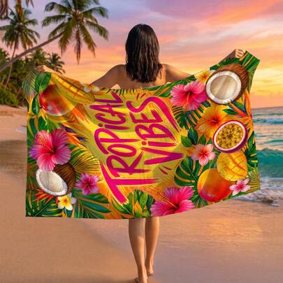 1pc Tropical Leaf & Floral Print Beach Towel, Suitable For Travel, Outdoor Camping, Beach, Swimming, Beach Vacation