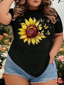 Women's T-Shirt With Sunflower And Butterfly Print, Casual Summer T-Shirt, Loose Fit Fashion, Graphic T-Shirt For Everyday Wear And Nature Lovers - 黑色 - 查看 1