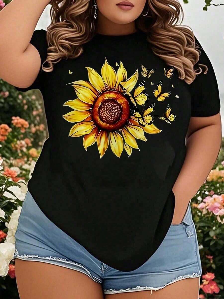 Women's T-Shirt With Sunflower And Butterfly Print, Casual Summer T-Shirt, Loose Fit Fashion, Graphic T-Shirt For Everyday Wear And Nature Lovers - 黑色 - 查看 1