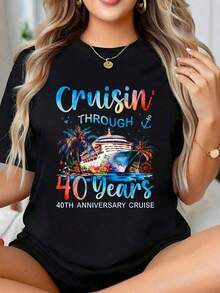 1 Piece Couple T-Shirt "Cruising For 40 Years: 40th Anniversary Cruise Trip", Summer T-Shirts, Short Sleeve, Round Neck, Casual Style For Summer And Spring, Women's Clothing, 180g 100% Cotton. - 黑色 - 查看 7