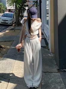 女士纯色不对称领休闲T恤 白色 夏季 - 白色 - 查看 8