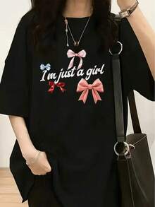 1 Piece Of Women's Fashion T-Shirt, Spring-Summer, With A White Teddy Bear Wearing Fashionable Glasses And Red And Blue Striped Pants, 180g, 100% Cotton. - 黑色 10 - 查看 11