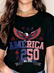 Patriotic T-Shirt With Eagle For US Independence Day 250, Celebrating 1776, United States Flag Design With Stars And Stripes For 4th Of July Festivals And National Holidays, Women's T-Shirts - 黑色 - 查看 6