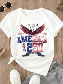 Patriotic T-Shirt With Eagle For US Independence Day 250, Celebrating 1776, United States Flag Design With Stars And Stripes For 4th Of July Festivals And National Holidays, Women's T-Shirts - 白色 - 查看 2