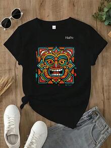 Limited Time Offer, Limited Quantity Available, Flash , Women's Shirts, Women's T-Shirts. Women's Oversized White T-Shirt, Short Sleeve, Round Neck,  Mask Print, Mexican Culture, Casual Style For Everyday Wear - 黑色 - 查看 2